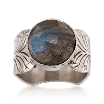 Round Labradorite Ring in Engraved Sterling Silver &mdash; Alt Image 1