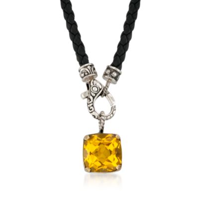 Balinese 10.00 Carat Citrine and Black Leather Necklace in Sterling Silver Two-Tone. 18" &mdash; Alt Image 1
