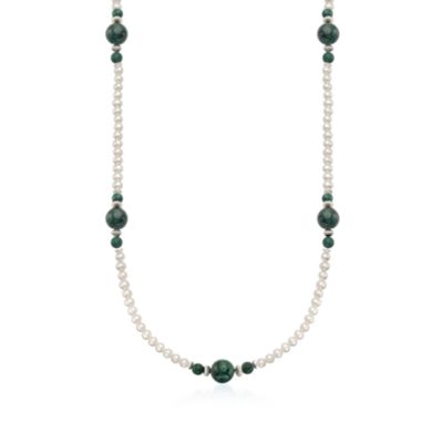 Pearl and 120.00 ct. t.w. Emerald Station Necklace in Sterling Silver. 30" &mdash; Alt Image 1