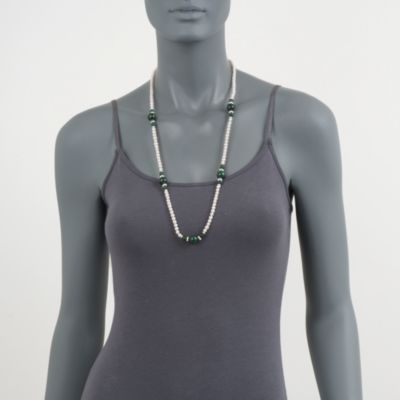 Pearl and 120.00 ct. t.w. Emerald Station Necklace in Sterling Silver. 30" &mdash; Alt Image 2