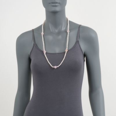Pearl and 80.00 ct. t.w. Morganite Station Necklace in Sterling Silver. 30" &mdash; Alt Image 2