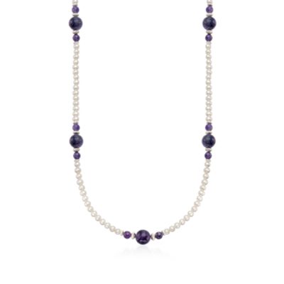 Pearl and 80.00 ct. t.w. Purple Amethyst Station Necklace in Sterling Silver. 30" &mdash; Alt Image 1