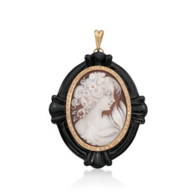 Black Agate and Carved Shell Cameo Pendant With Diamonds in 18kt Yellow Gold &mdash; Alt Image 1