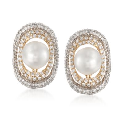 Pearl and 2.10 ct. t.w. Diamond Earrings in 14kt Two-Tone &mdash; Alt Image 1