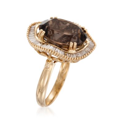 7.50 Carat Smoky Quartz and .55 ct. t.w. Diamond Baguette Cocktail Ring  in 14kt Yellow Gold &mdash; Alt Image 3