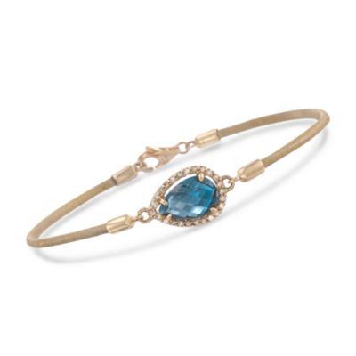 Golden Leather Bracelet With 4.10 Carat London Blue Topaz and .25 ct. t.w. Diamonds in 14kt Yellow Gold &mdash; Alt Image 1