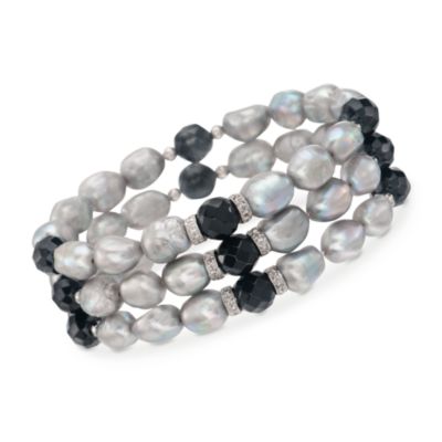 Set of Three 7-8mm Pearl and Black Agate Bracelets With .35 ct. t.w. Diamonds in Sterling Silver. Adjustable Size &mdash; Alt Image 1