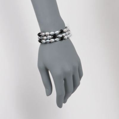 Set of Three 7-8mm Pearl and Black Agate Bracelets With .35 ct. t.w. Diamonds in Sterling Silver. Adjustable Size &mdash; Alt Image 2
