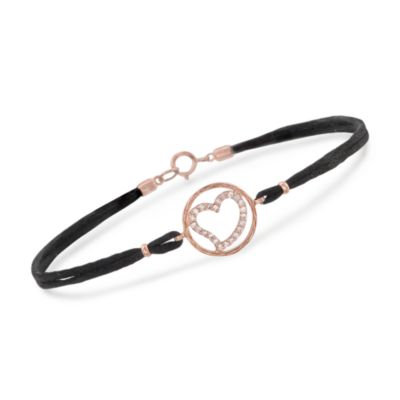 .14 ct. t.w. Diamond Heart Bracelet With a Black Silk Cord in 14kt Rose Gold. 8" &mdash; Alt Image 1