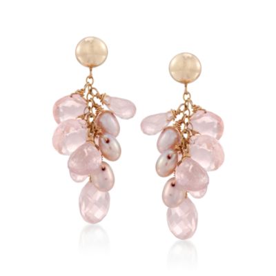 Pink Cultured Pearl and Rose Quartz Cluster Drop Earrings in 14kt Yellow Gold &mdash; Alt Image 1