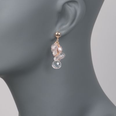 Pink Cultured Pearl and Rose Quartz Cluster Drop Earrings in 14kt Yellow Gold &mdash; Alt Image 2