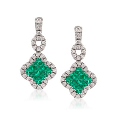 Gregg Ruth .49 ct. t.w. Emerald and .38 ct. t.w. Diamond Earrings in 18kt White Gold &mdash; Alt Image 1