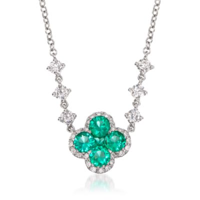 Gregg Ruth .55 ct. t.w. Emerald and .35 ct. t.w. Diamond Floral Necklace in 18kt White Gold. 16" &mdash; Alt Image 1