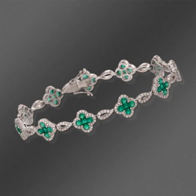 Gregg Ruth 2.95 ct. t.w. Emerald and 1.26 ct. t.w. Diamond Floral Link Bracelet in 18kt White Gold. 7" &mdash; Alt Image 1