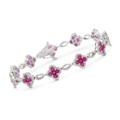 Gregg Ruth 1.70 ct. t.w. Ruby and 1.32 ct. t.w. Diamond Floral Link Bracelet in 18kt White Gold. 7" &mdash; Alt Image 1