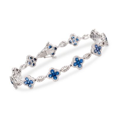Gregg Ruth 3.69 ct. t.w. Sapphire and 1.32 ct. t.w. Diamond Floral Link Bracelet in 18kt White Gold. 7" &mdash; Alt Image 1
