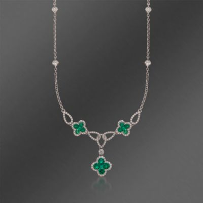 Gregg Ruth .95 ct. t.w. Emerald and .61 ct. t.w. Diamond Floral Drop Necklace in 18kt White Gold. 16" &mdash; Alt Image 1