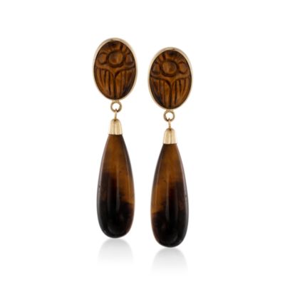Tiger's Eye Drop Scarab Earrings in 14kt Yellow Gold &mdash; Alt Image 1