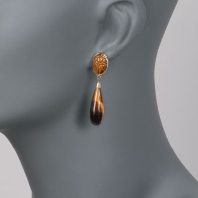 Tiger's Eye Drop Scarab Earrings in 14kt Yellow Gold &mdash; Alt Image 2