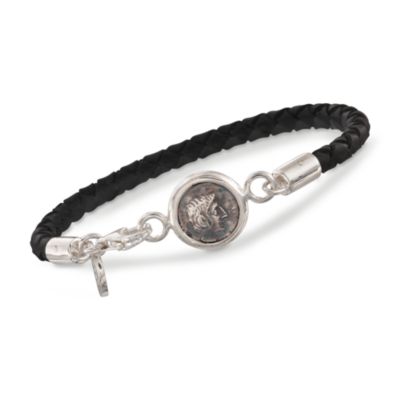1884 Collection Black Leather and Sterling Silver 'trevi' Bracelet With Coin. 7.5" &mdash; Alt Image 1