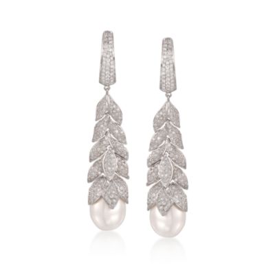 3.15 ct. t.w. Pave Diamond and Cultured South Sea Pearl Drop Hoop Earrings in 18kt White Gold &mdash; Alt Image 1