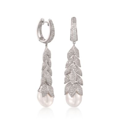 3.15 ct. t.w. Pave Diamond and Cultured South Sea Pearl Drop Hoop Earrings in 18kt White Gold &mdash; Alt Image 3