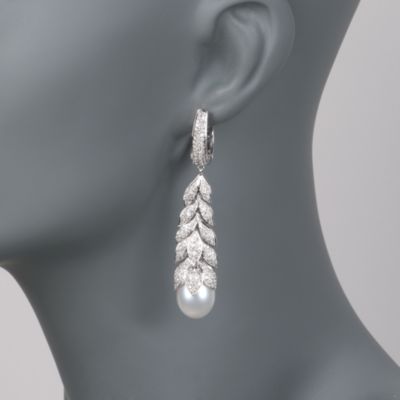 3.15 ct. t.w. Pave Diamond and Cultured South Sea Pearl Drop Hoop Earrings in 18kt White Gold &mdash; Alt Image 2