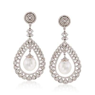 8.35 ct. t.w. Diamond and 12.5-13mm Cultured South Sea Pearl Drop Earrings in 18kt White Gold &mdash; Alt Image 1