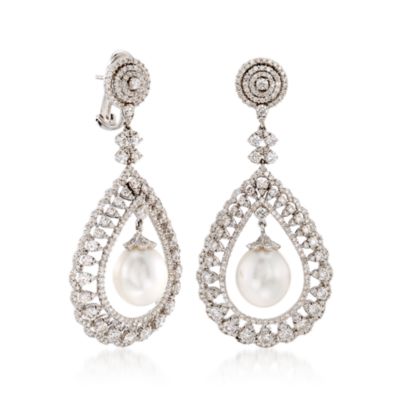 8.35 ct. t.w. Diamond and 12.5-13mm Cultured South Sea Pearl Drop Earrings in 18kt White Gold &mdash; Alt Image 3