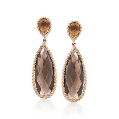 18.20 ct. t.w. Cognac Quartz and Smoky Quartz Teardrop Earrings in 14kt Yellow Gold &mdash; Alt Image 1
