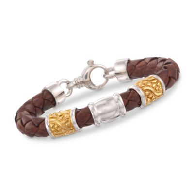 Brown Braided Leather Textured Bead Bracelet in Sterling Two-Tone. 7" &mdash; Alt Image 1