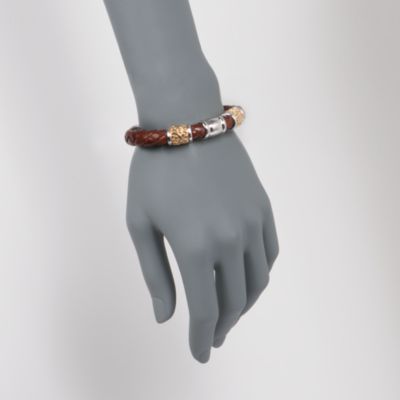 Brown Braided Leather Textured Bead Bracelet in Sterling Two-Tone. 7" &mdash; Alt Image 2
