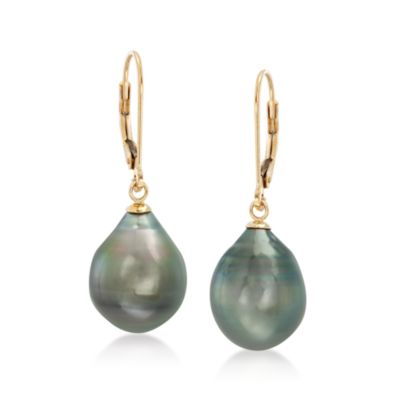 11-12mm Black Tahitian Pearl Earrings in 14kt Yellow Gold &mdash; Alt Image 1