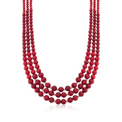 Three-Strand Graduated Coral Bead Necklace in 14kt Yellow Gold &mdash; Alt Image 1