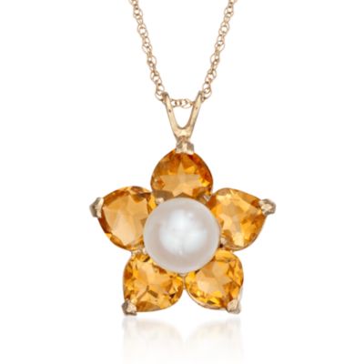 Cultured Pearl and 2.00 ct. t.w. Citrine Flower Necklace in 14kt Yellow Gold. 18" &mdash; Alt Image 1