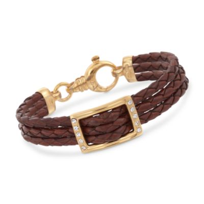 Brown Leather Buckle Bracelet With .30 ct. t.w. CZs in 24kt Gold Over Sterling Silver. 7" &mdash; Alt Image 1