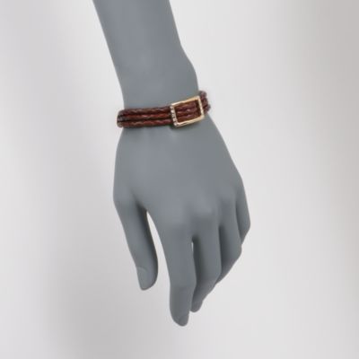Brown Leather Buckle Bracelet With .30 ct. t.w. CZs in 24kt Gold Over Sterling Silver. 7" &mdash; Alt Image 2