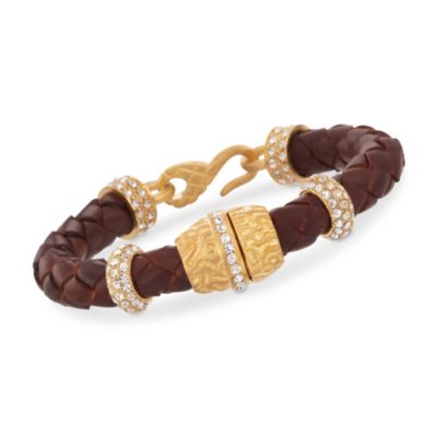 Brown Braided Leather Bracelet With 2.50 ct. t.w. CZs in 24kt Over Sterling. 7" &mdash; Alt Image 1