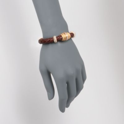 Brown Braided Leather Bracelet With 2.50 ct. t.w. CZs in 24kt Over Sterling. 7" &mdash; Alt Image 2
