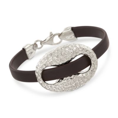 Sterling Silver Brushed Centerpiece and Brown Leather Bracelet. 7.5" &mdash; Alt Image 1