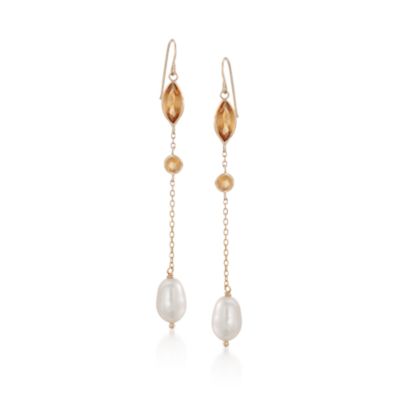1.90 ct. t.w. Citrine and Pearl Linear Chain Earrings in 14kt Yellow Gold &mdash; Alt Image 1