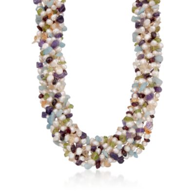 Pearl and Multi-Gemstone Torsade Necklace in Sterling Silver. 18" &mdash; Alt Image 1