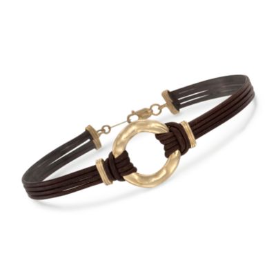 Brown Leather Bracelet With 14kt Yellow Gold Centerpiece. 7.5" &mdash; Alt Image 1