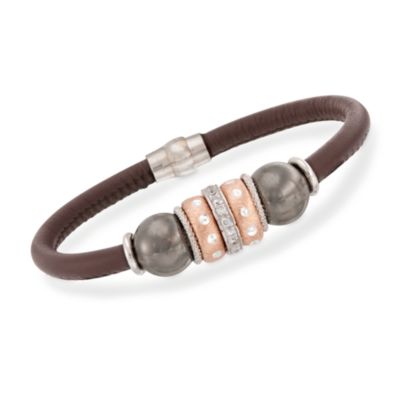 Brown Leather Bracelet With Two-Tone .35 ct. t.w. CZ Beads. 7" &mdash; Alt Image 1