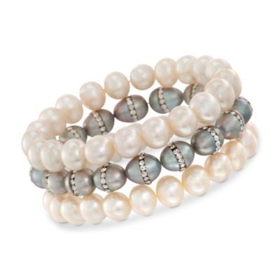Set of Three White and Gray Pearl Bracelets. Adjustable Size &mdash; Alt Image 1