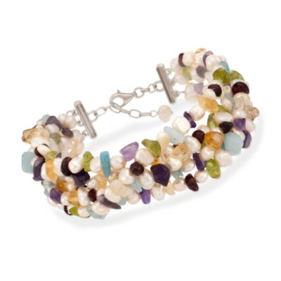 5-6mm Pearl and 103.50 ct. t.w. Multi-Gemstone Bracelet in Sterling Silver. 7" &mdash; Alt Image 1