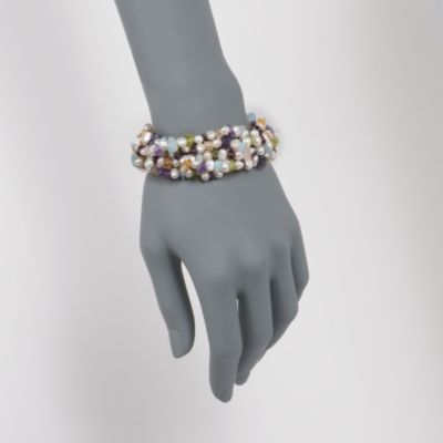 5-6mm Pearl and 103.50 ct. t.w. Multi-Gemstone Bracelet in Sterling Silver. 7" &mdash; Alt Image 2