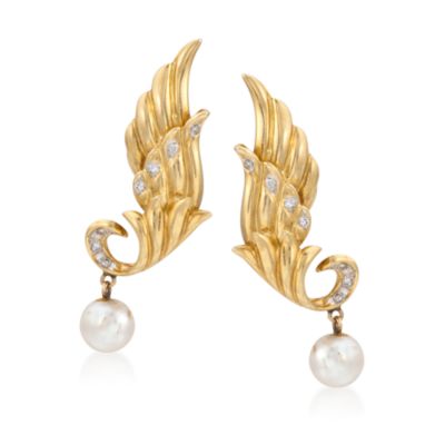 C. 1980 Vintage Cultured Pearl and .20 ct. t.w. Diamond Earrings in 14kt Yellow Gold &mdash; Alt Image 1