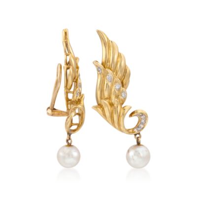 C. 1980 Vintage Cultured Pearl and .20 ct. t.w. Diamond Earrings in 14kt Yellow Gold &mdash; Alt Image 3