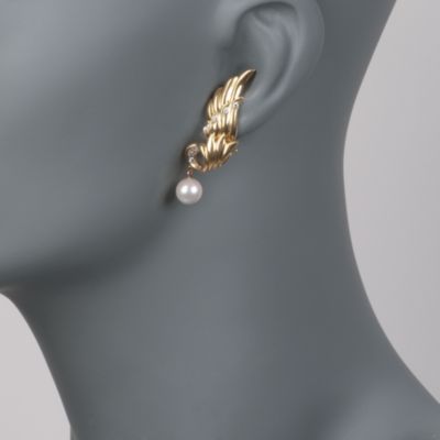C. 1980 Vintage Cultured Pearl and .20 ct. t.w. Diamond Earrings in 14kt Yellow Gold &mdash; Alt Image 2